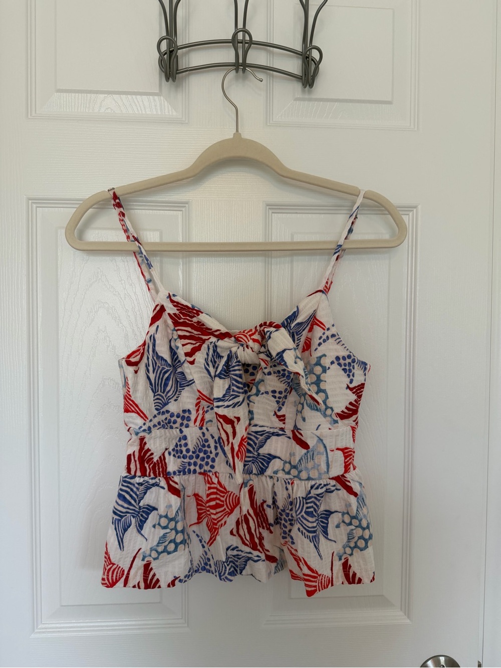 LOFT White Red and Blue Printed Tie-Front Spaghetti Strap Camisole